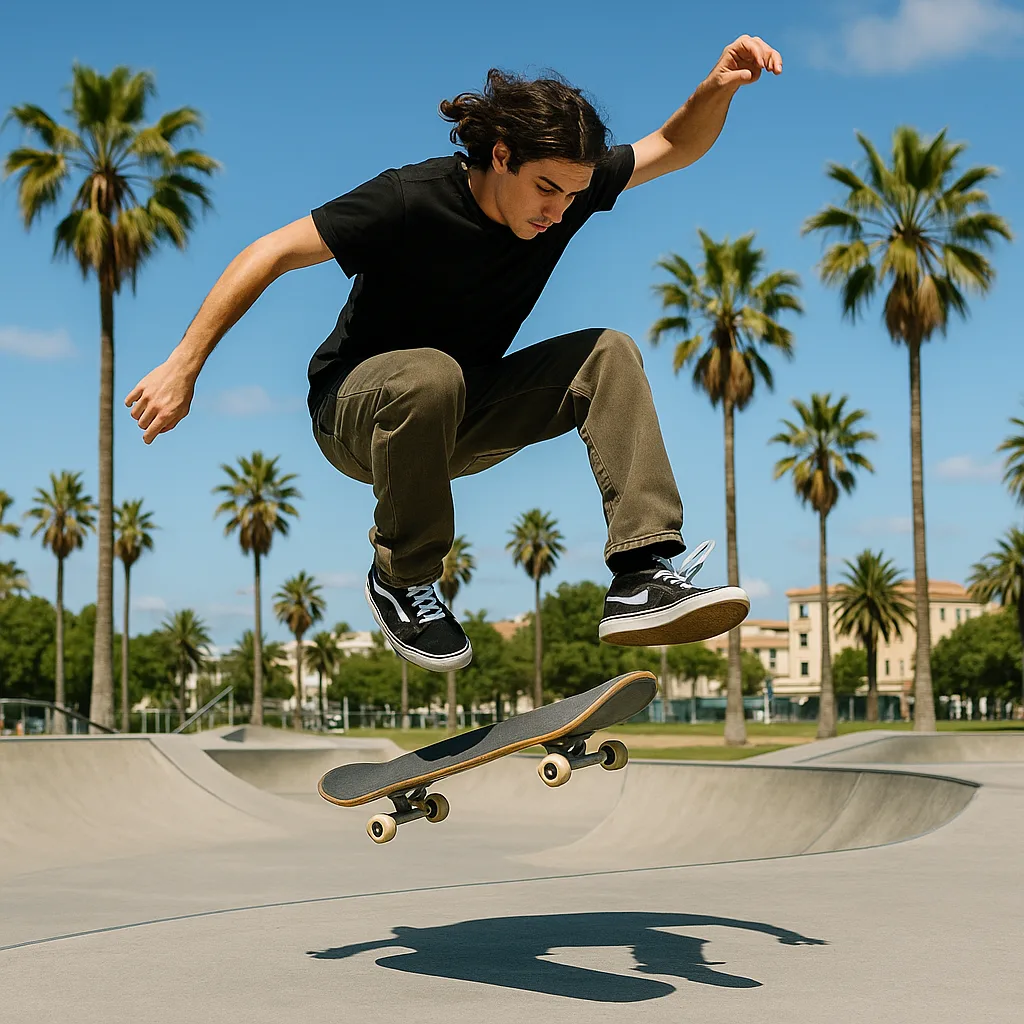Skateboarder Performs a Trick Mid-air in a Sunny Outdoor Skate