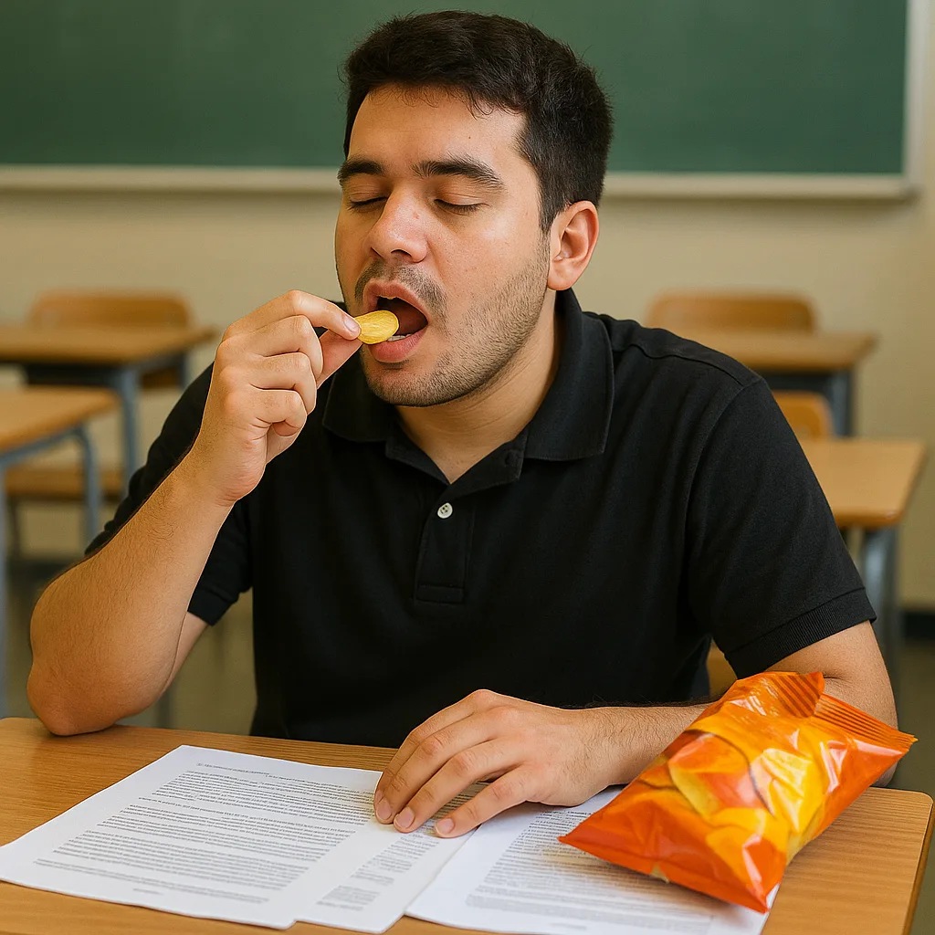 Person in a Black Polo Shirt Is Eating a Snack