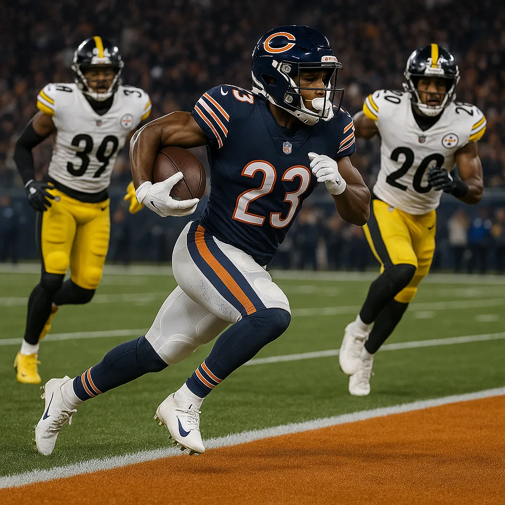 Football Player Wearing a Chicago Bears Uniform Runs Past Defenders