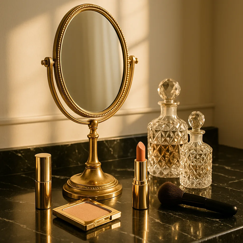 Classic Gold Makeup Mirror Rests Gracefully on a Sleek