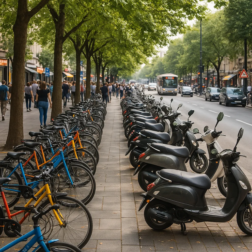 Busy Sidewalk Lined with Parked Bicycles and Scooters Alongside Trees