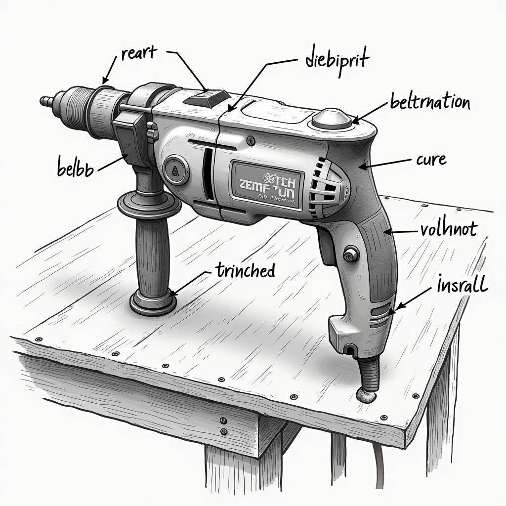 Labeled Power Drill in Precise Scientific Linework