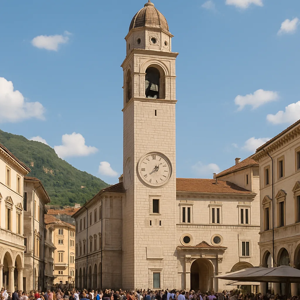 Historic Bell Tower Stands Prominently in a Bustling Square