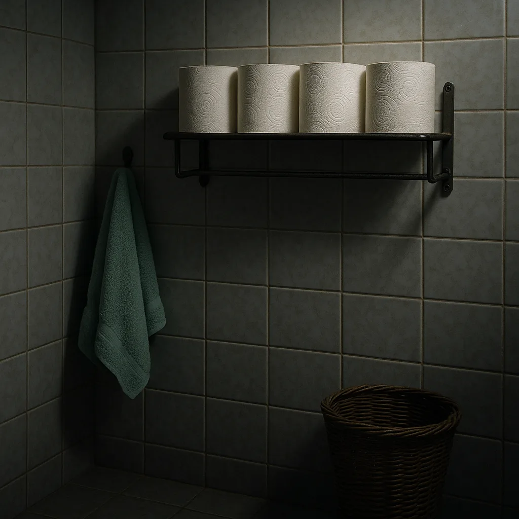 Wall-mounted Metal Rack Holds Four Neatly Arranged Rolls of Toilet