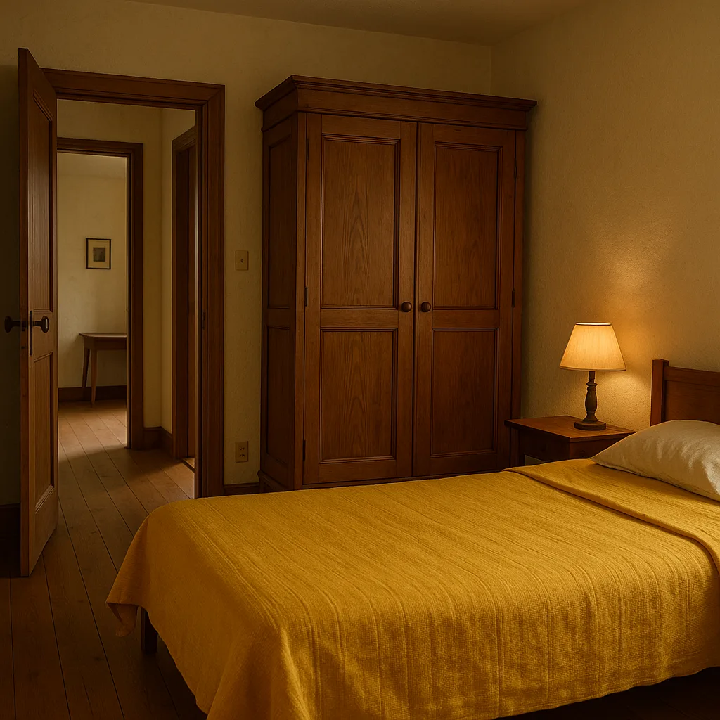 Cozy Bedroom with a Wooden Wardrobe