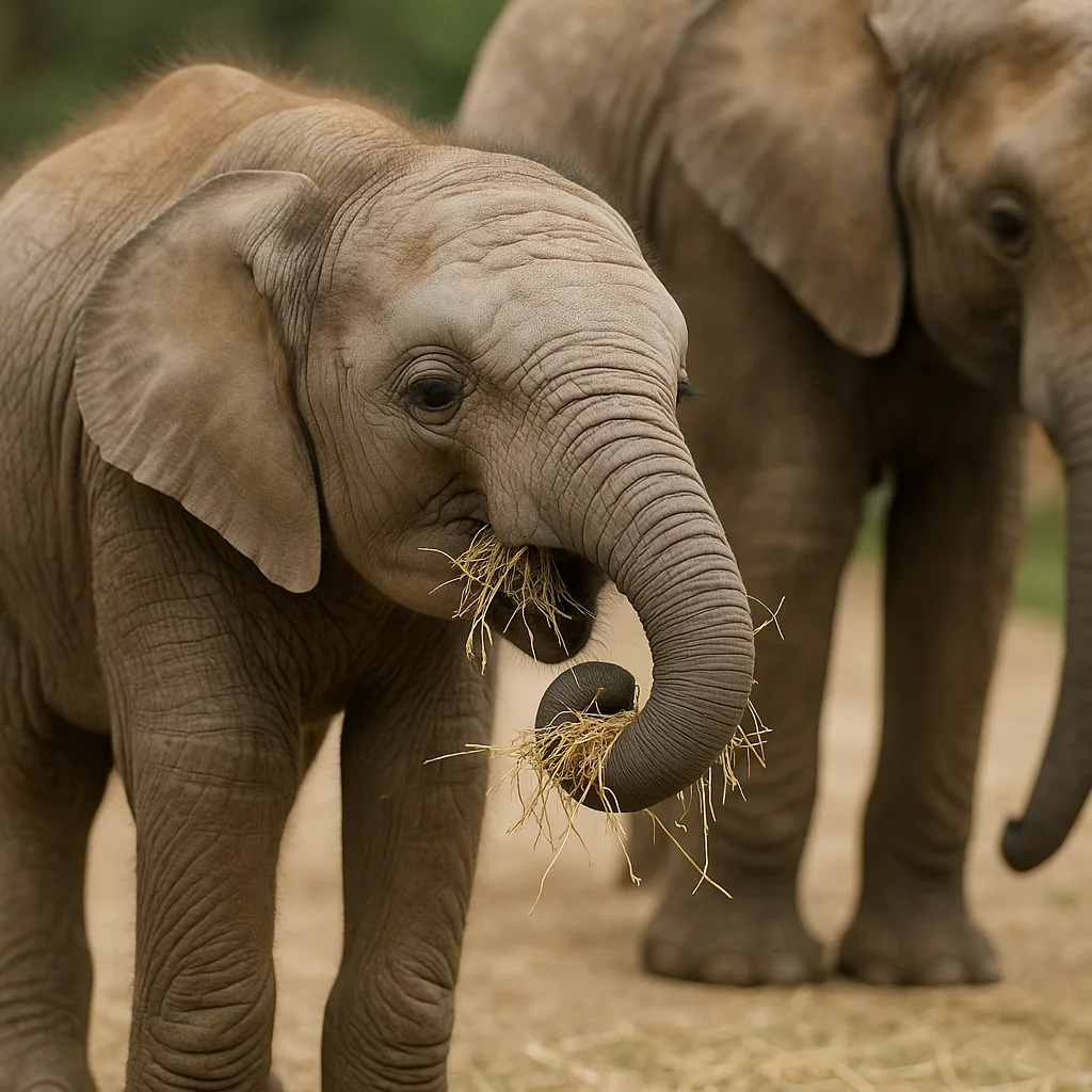 Young Elephant Eating Hay with its Trunk