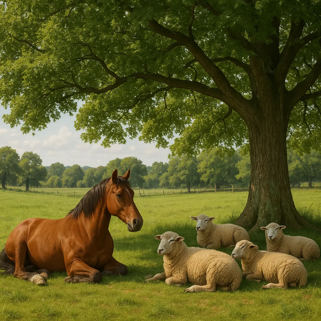 Horse and Several Sheep Rest
