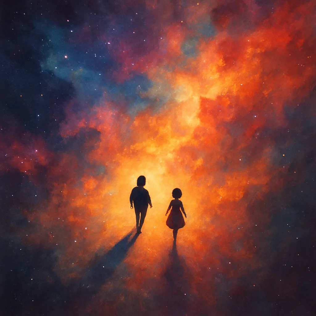 Two Minuscule Figures—one a Dark-haired Speck Seemingly Leading the Way