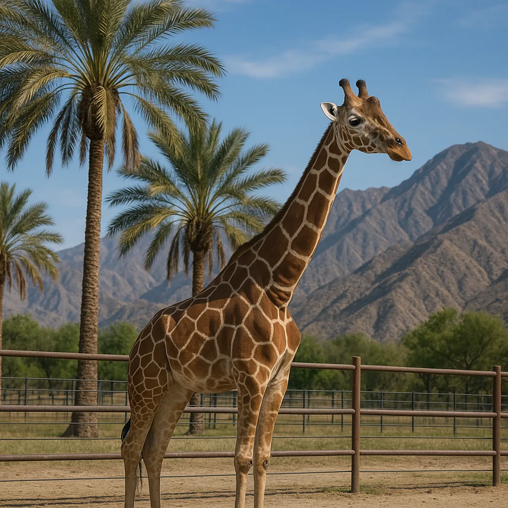 Giraffe Standing near a Fenced Area with Palm Trees