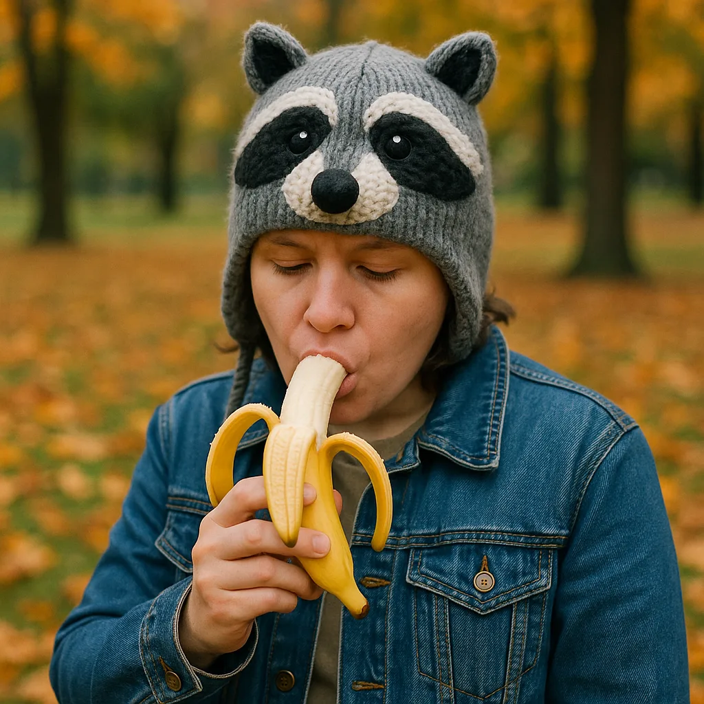 Person Wearing a Raccoon-themed Hat and Denim Jacket Holds