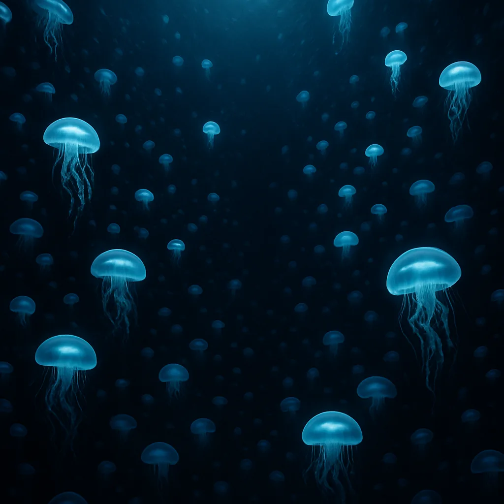 Innumerable Glowing Jellyfish Drift in a Vast