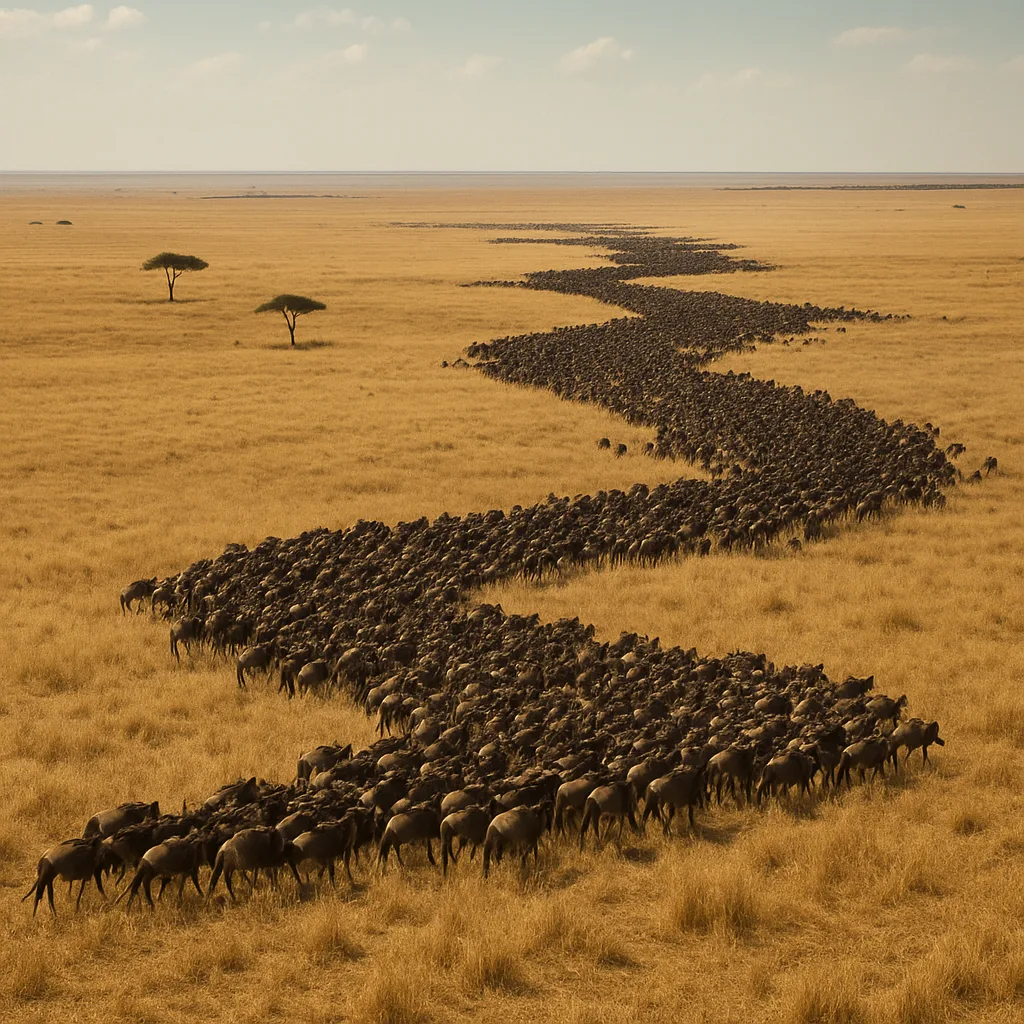 Thousands of Migrating Wildebeest Form a Distant