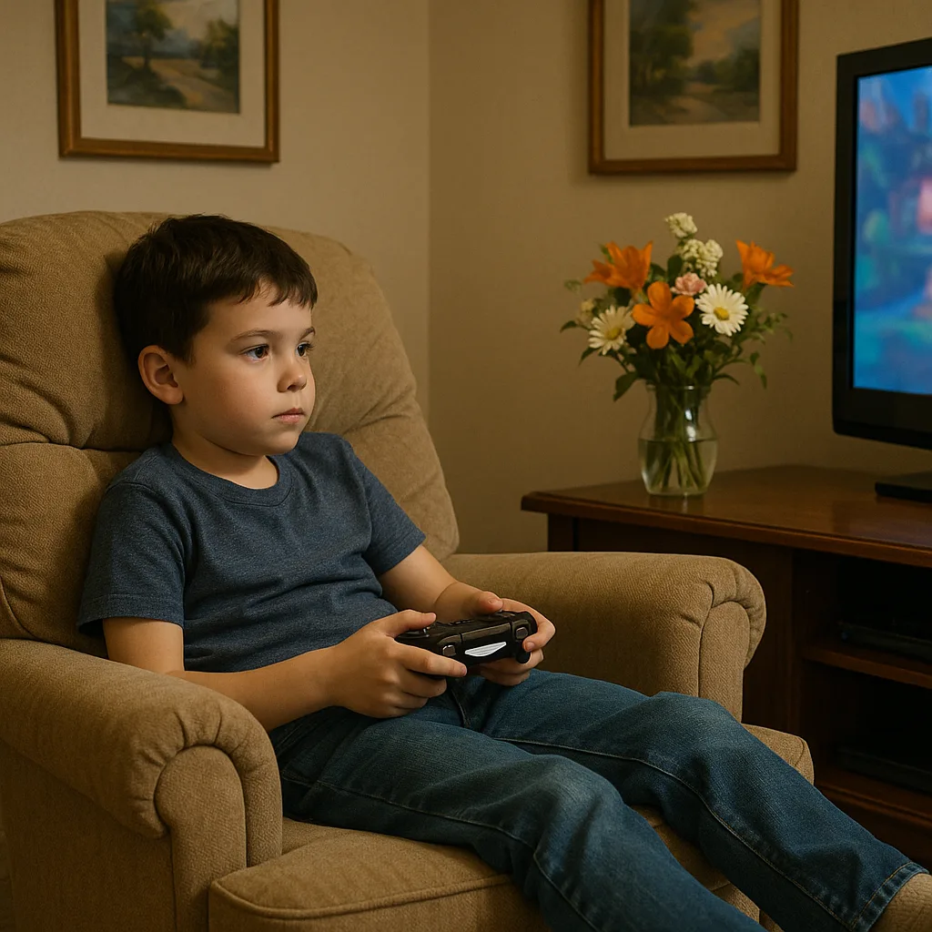 Young Boy Relaxes in a Comfortable Armchair