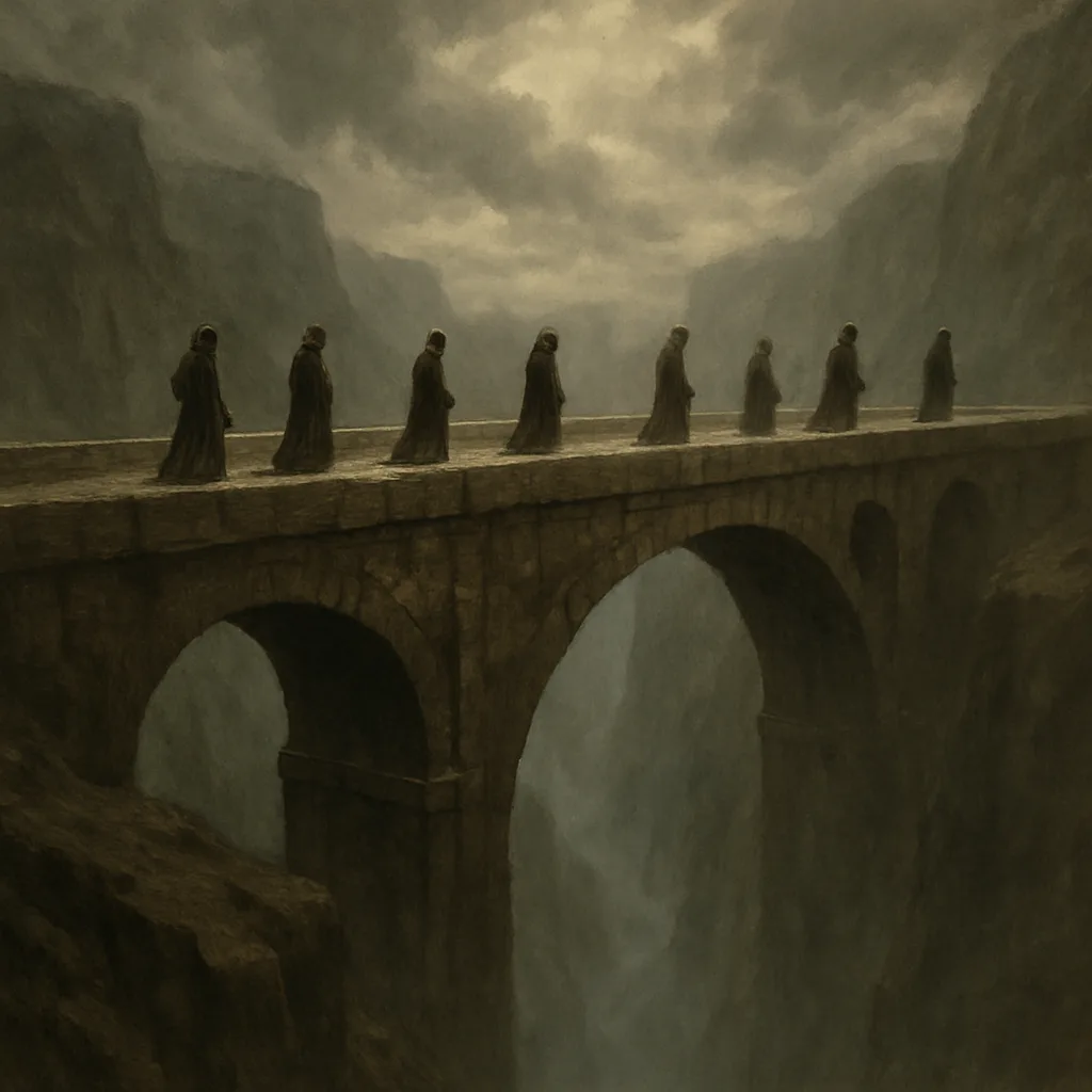 Sparse Procession of Robed Figures Slowly Traverses a Monumental