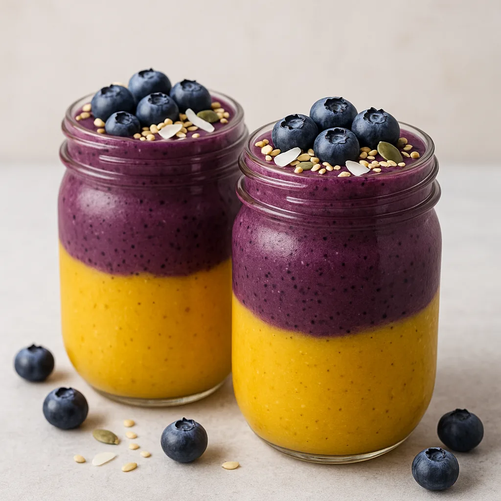 Layered Mango and Blueberry Vegan Smoothie in Glass Jars
