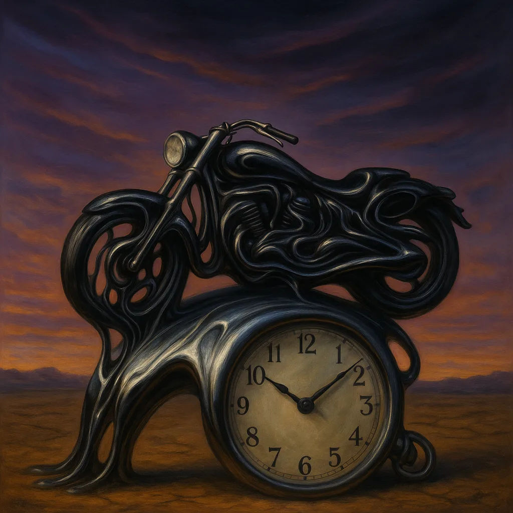 Surreal Painting That Features a Glossy Black Motorcycle