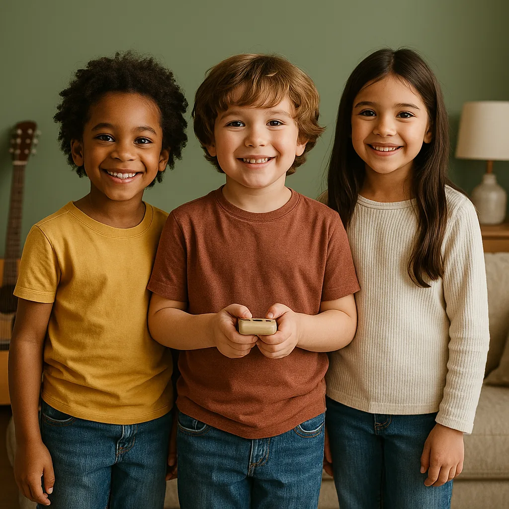 Three Children Standing Together in a Living Room