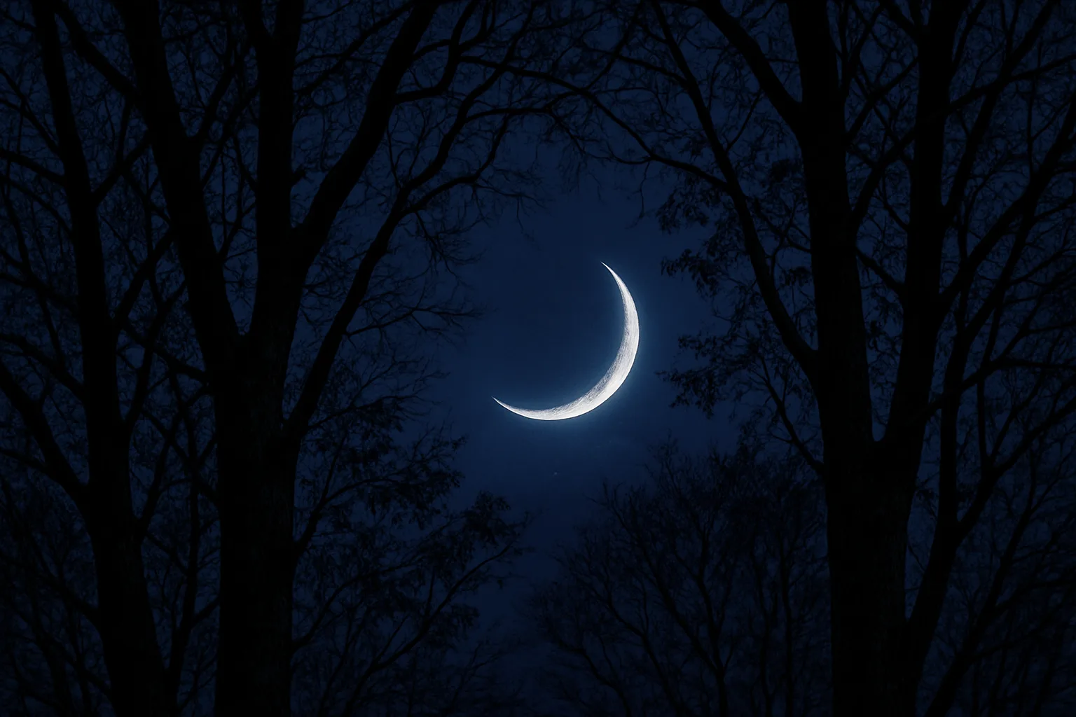 Tranquil Night Unfolds with a Slender Crescent Moon