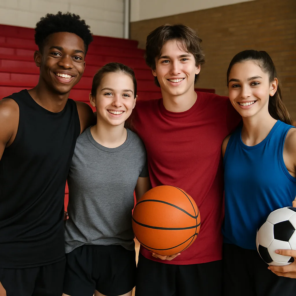 Group of Young Athletes in Sporty Attire Posing Together Indoors