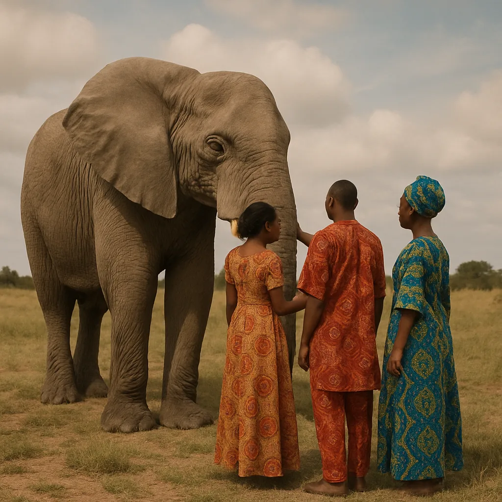 Three Individuals Stand Close to a Majestic Elephant