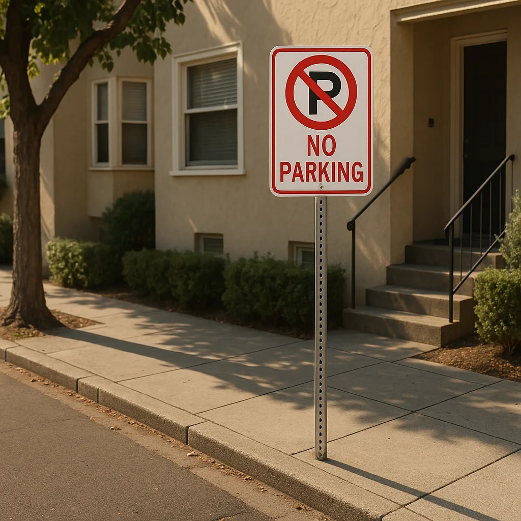 Sidewalk View with a "No Parking" Sign in Front