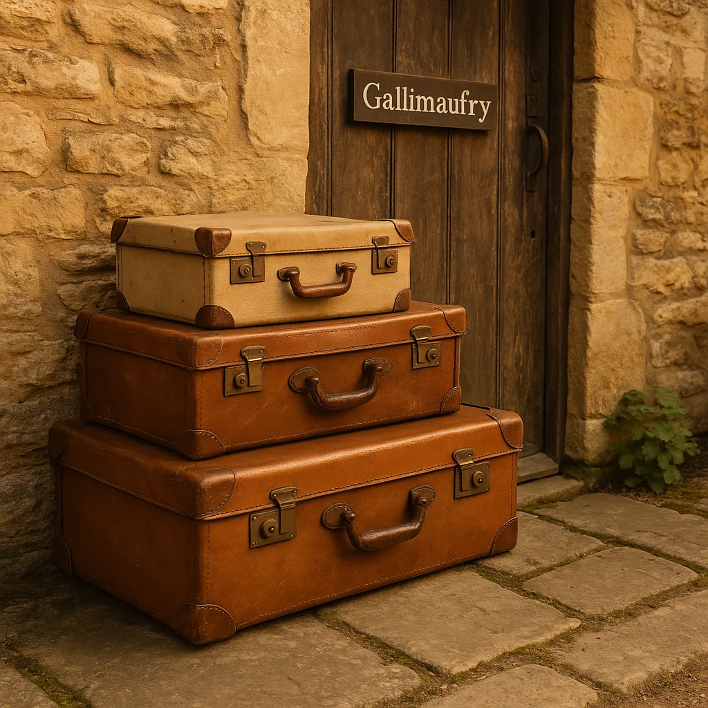 Vintage Suitcases Stacked Outside a Stone Cottage Door