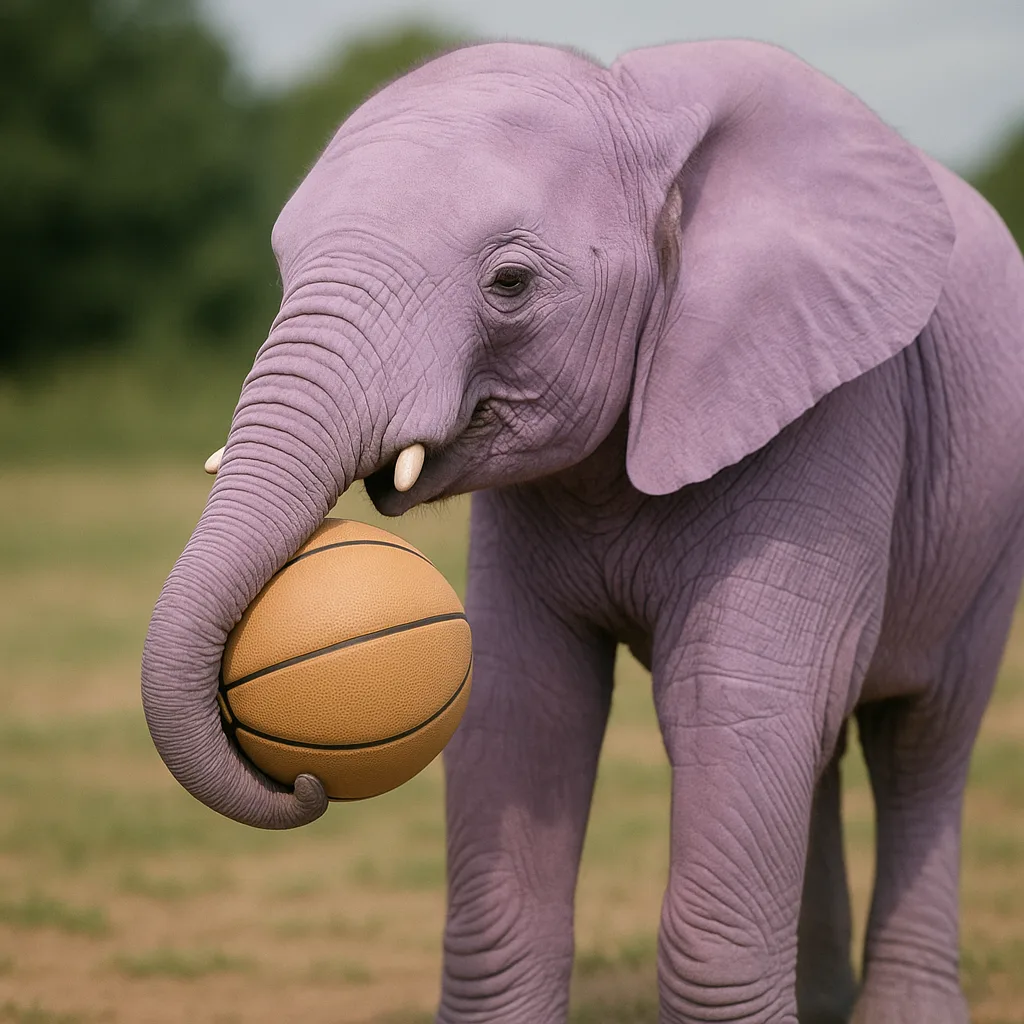 Elephant in Lavender Shade Gripping a Tan Basketball