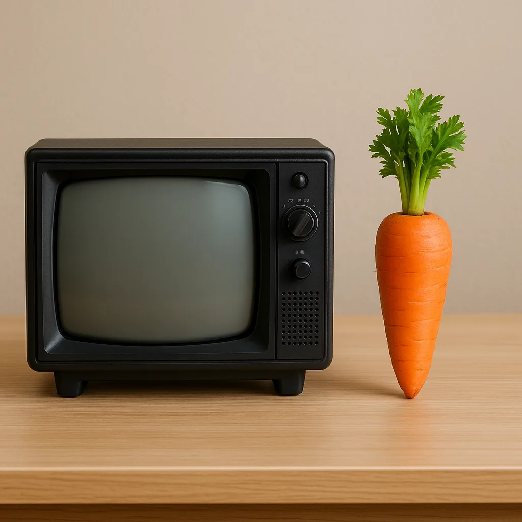 Television Placed Beside a Carrot That Is Orange in Color