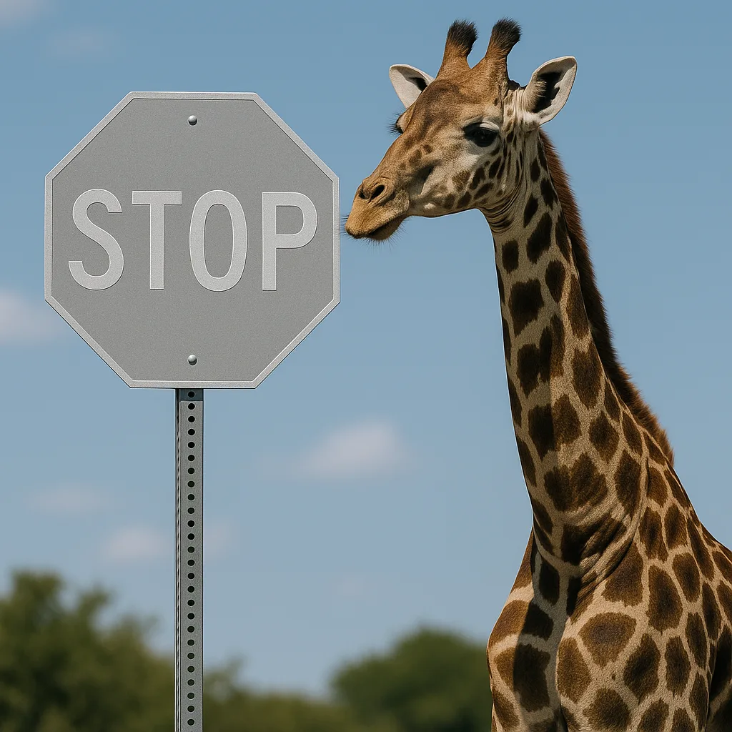 Giraffe with Spots Alongside a Stop Sign