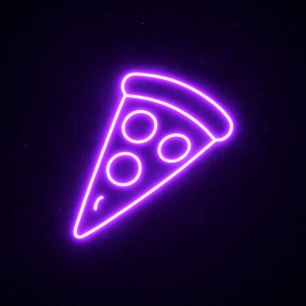 Glowing Purple Neon Pizza Slice Suspended in a Luminous