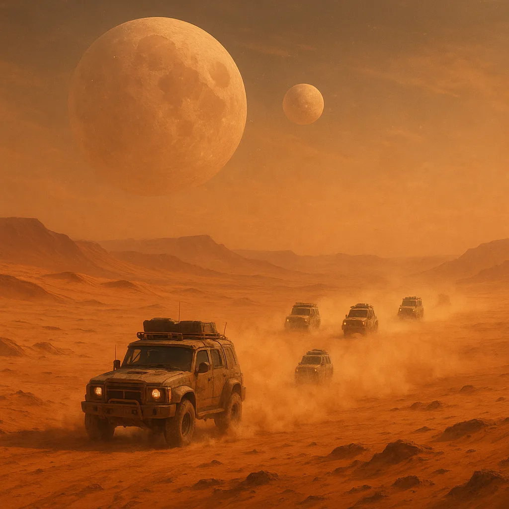 Small Convoy of Rugged Vehicles Kicks Up Dust Plumes
