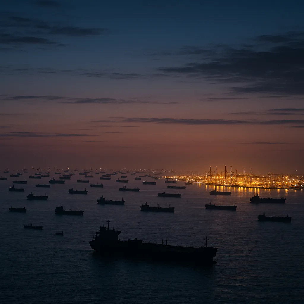 Dozens of Distant Cargo Ships