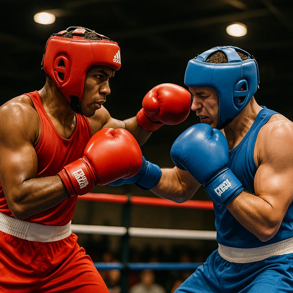 Two Boxers Wearing Protective Headgear
