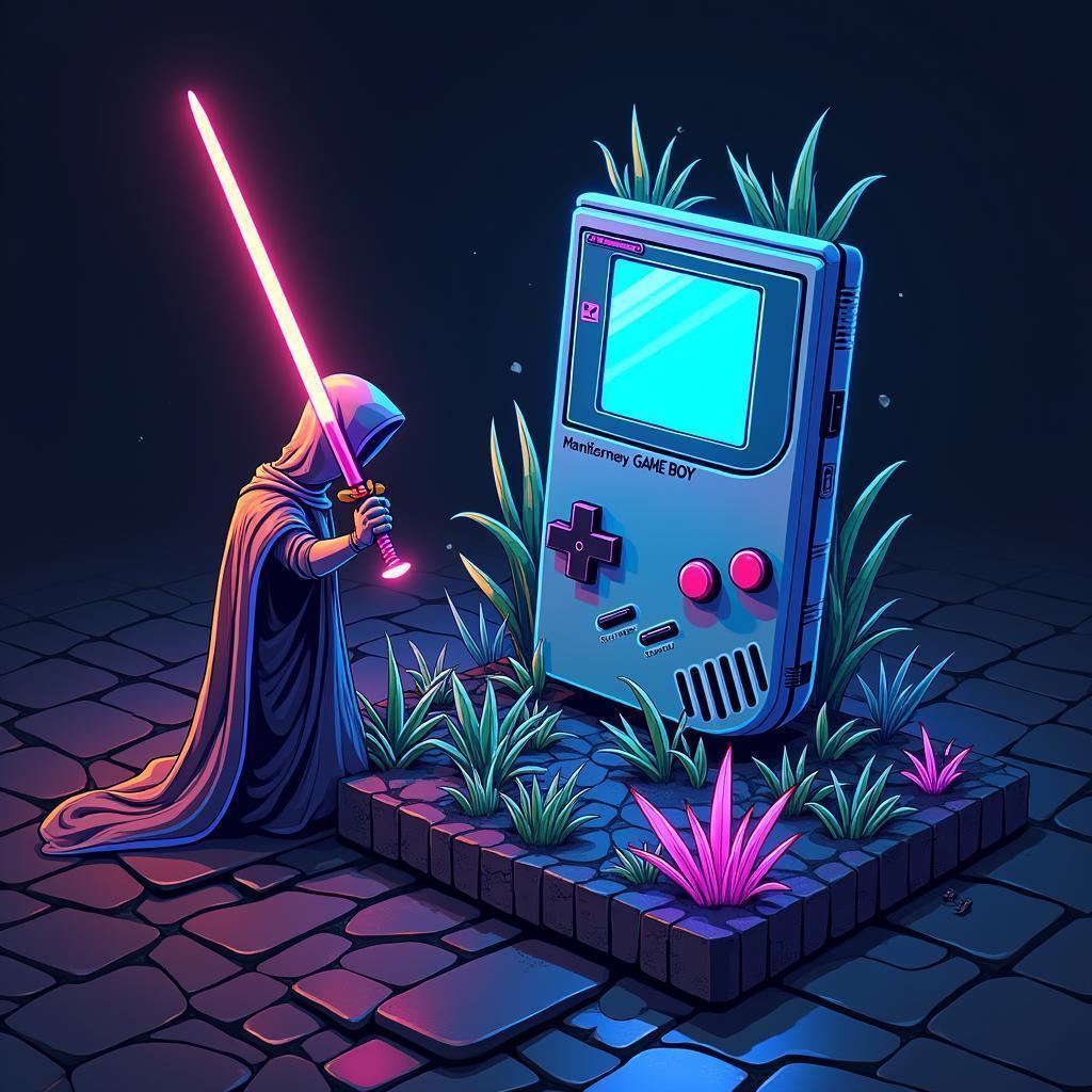 Neon Game Boy Guarded by a Sword Bearer