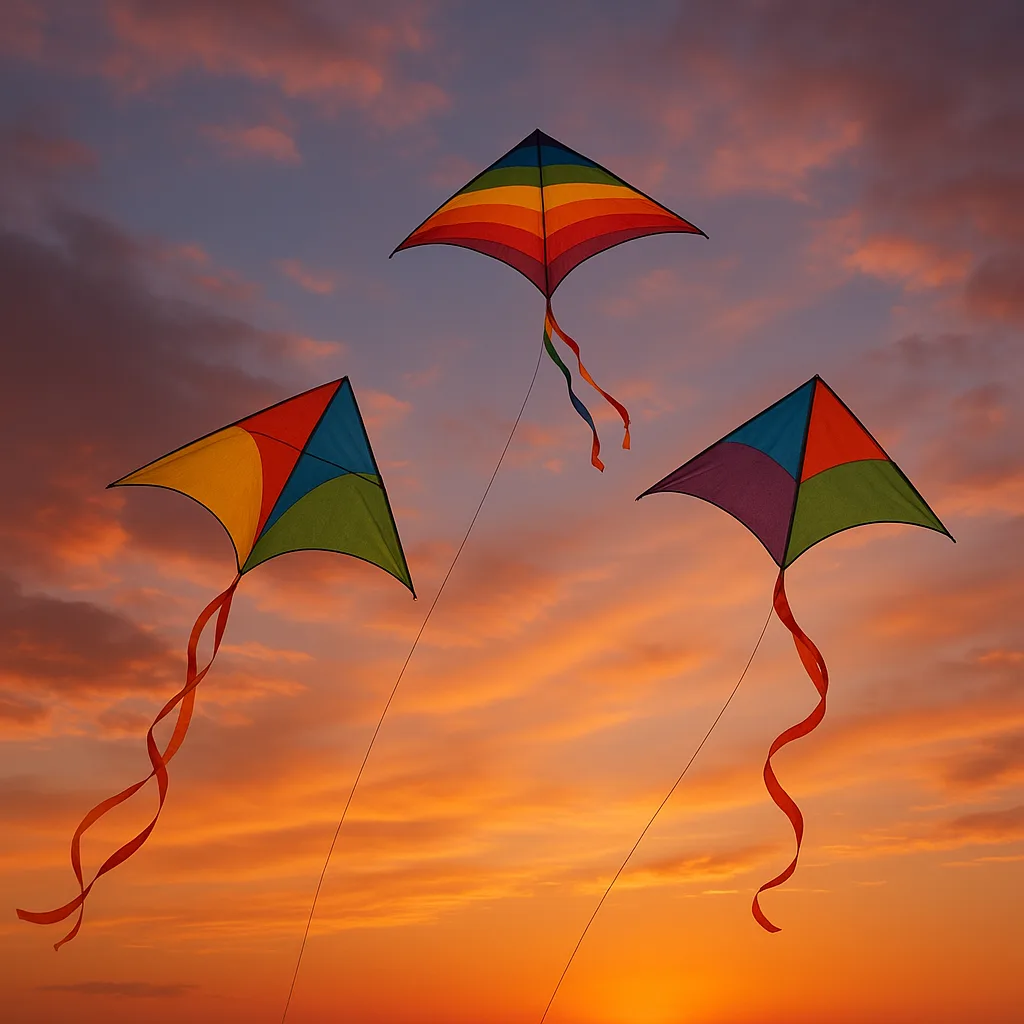 Three Vibrant Kites Soaring Through the Sky During a Sunset
