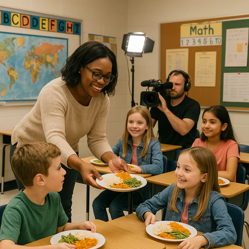 Teacher Is Handing Out Plates of Food to Students