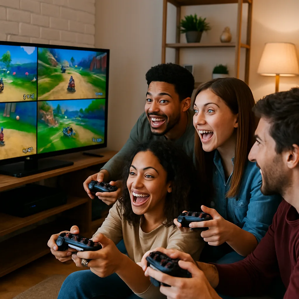 Bunch of Friends Are Seated Around a Television