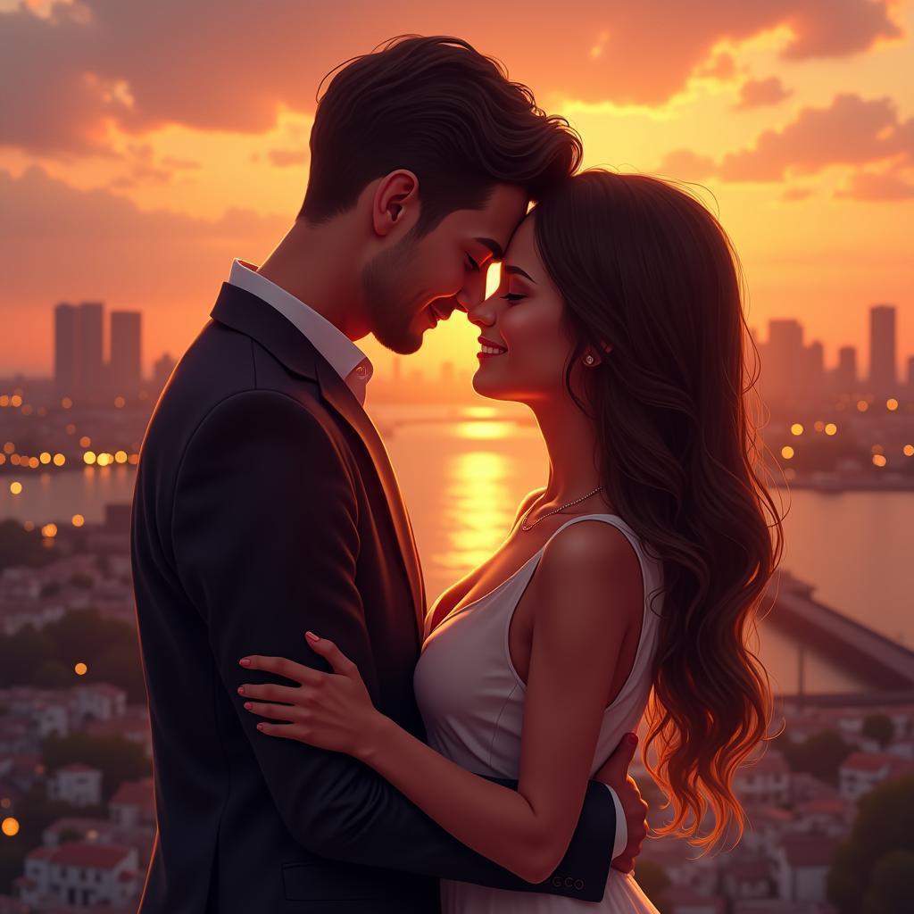 Couple Embracing Against a Glowing City Blur