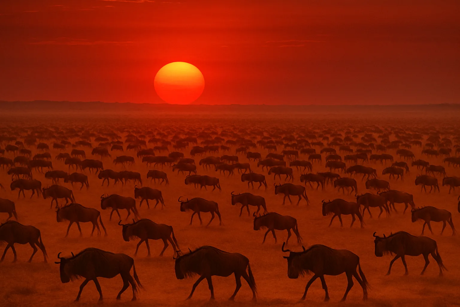 Thousands of Distant Silhouettes of Migrating Wildebeest Traverse a Vast