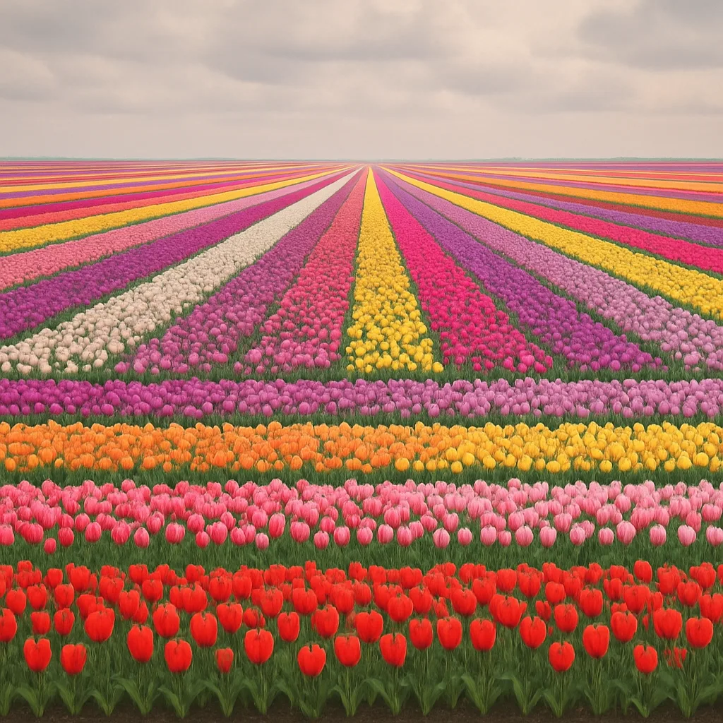 Innumerable Rows of Vibrant Tulips Stretch to the Horizon