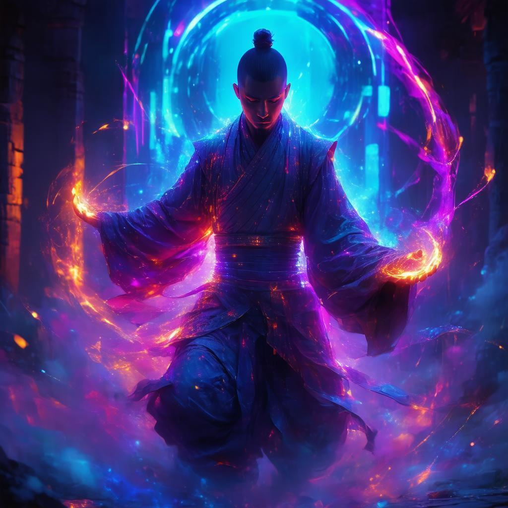Levitating Neon Monk Channeling Netrunner Energy