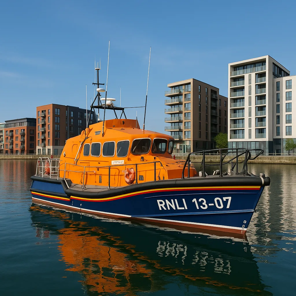Orange RNLI Lifeboat Floats in a Calm Harbor