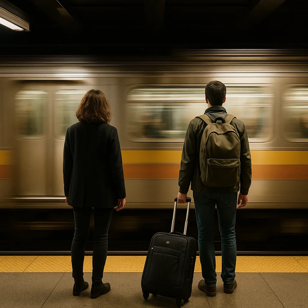 Two People Stand on a Subway Platform