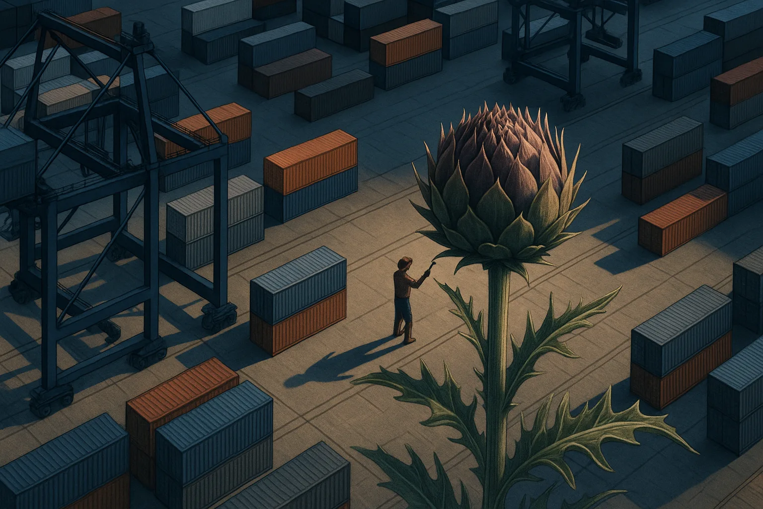 Diminutive Figure Tends to a Cardoon's Prominent Developing Seed Head