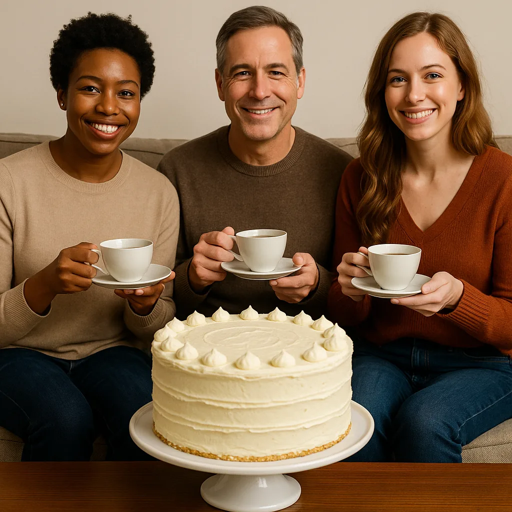 Three Individuals Sit on a Couch Holding Teacups