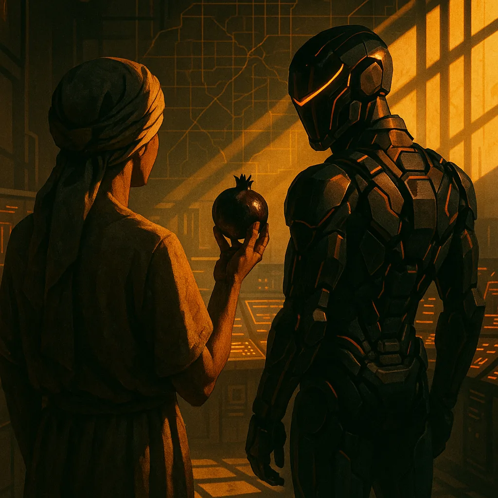 Figure in a Headwrap Extends a Dark Pomegranate