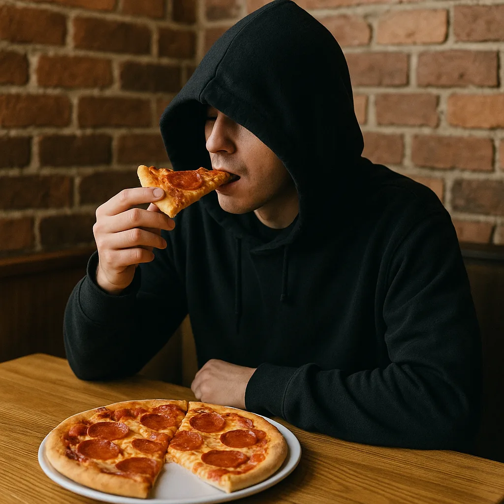 Person Dressed in Dark Clothing Eating Pizza at a Wooden