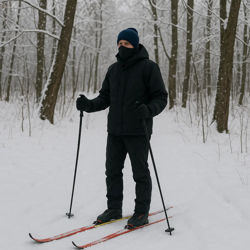 Person Standing on Snow-covered Ground with Skis and Poles