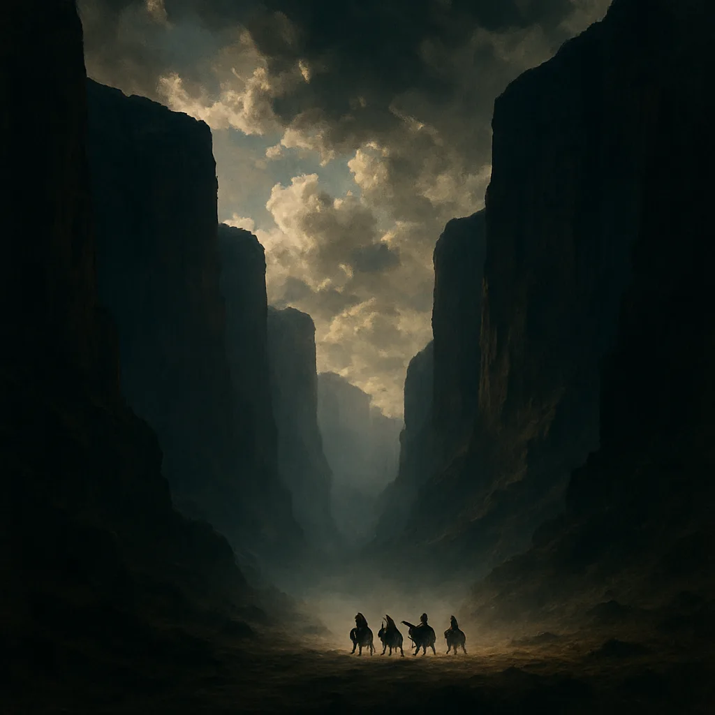 Small Group of Distant Figures on Horseback Slowly Traverses