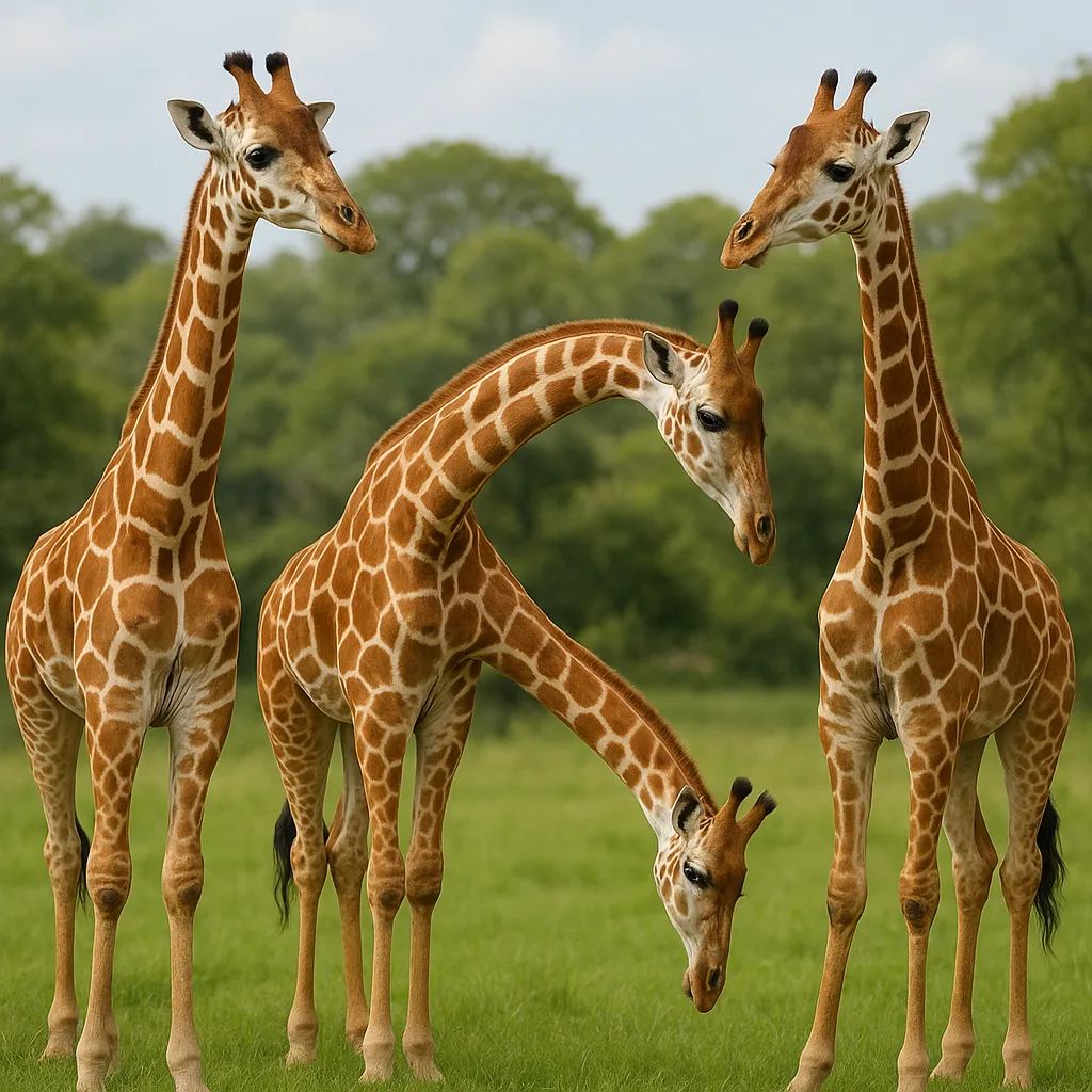Three Giraffes Standing on Green Grass
